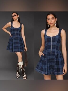 27. Avec Les Filles•nwt $198 Plaid Drop Waist Cotton Blend Denim Dress ptp 16-19